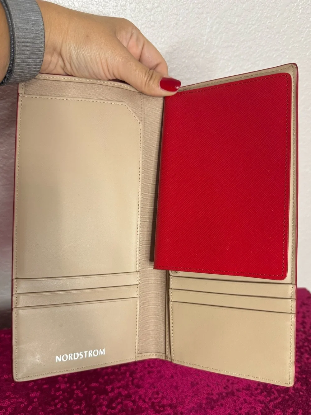 NORDSTROM ✈️ NEW - Cherrry Red, Beige Passport Wallet - 4 x9” Double Billfold